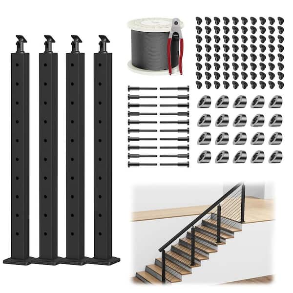 35 in. H x 2 in. W Black Stainless Steel Stair Railing Post Kit, 25-35° Angle, No Handrail, Stair Railing Kit (4-Pack)