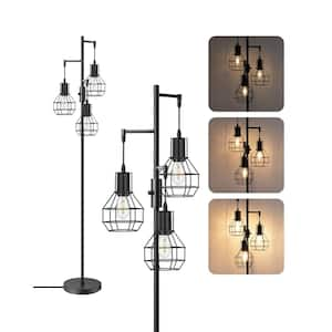 65 in. black Rustic 1-Light Smart Dimmable Tree Floor Lamp for Living Room with Metal Cage Shade