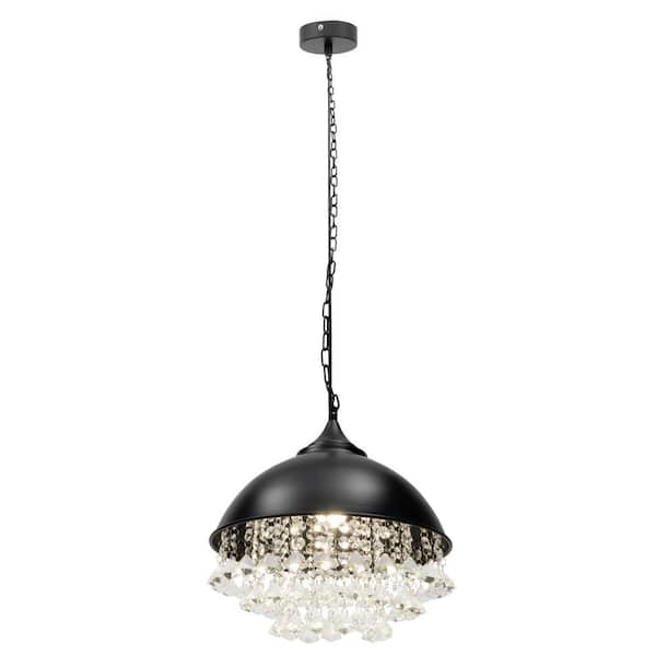 OUKANING 60-Watt 1-Light Black Industrial Crystal Baking Paint Shaded Pendant Light with Iron Shade, No Bulbs Included