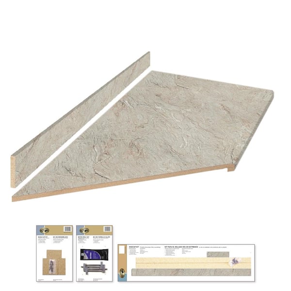 Hampton Bay 8 ft. Left Miter Laminate Countertop Kit Included in Textured Silver Quartzite with Eased Edge and Backsplash