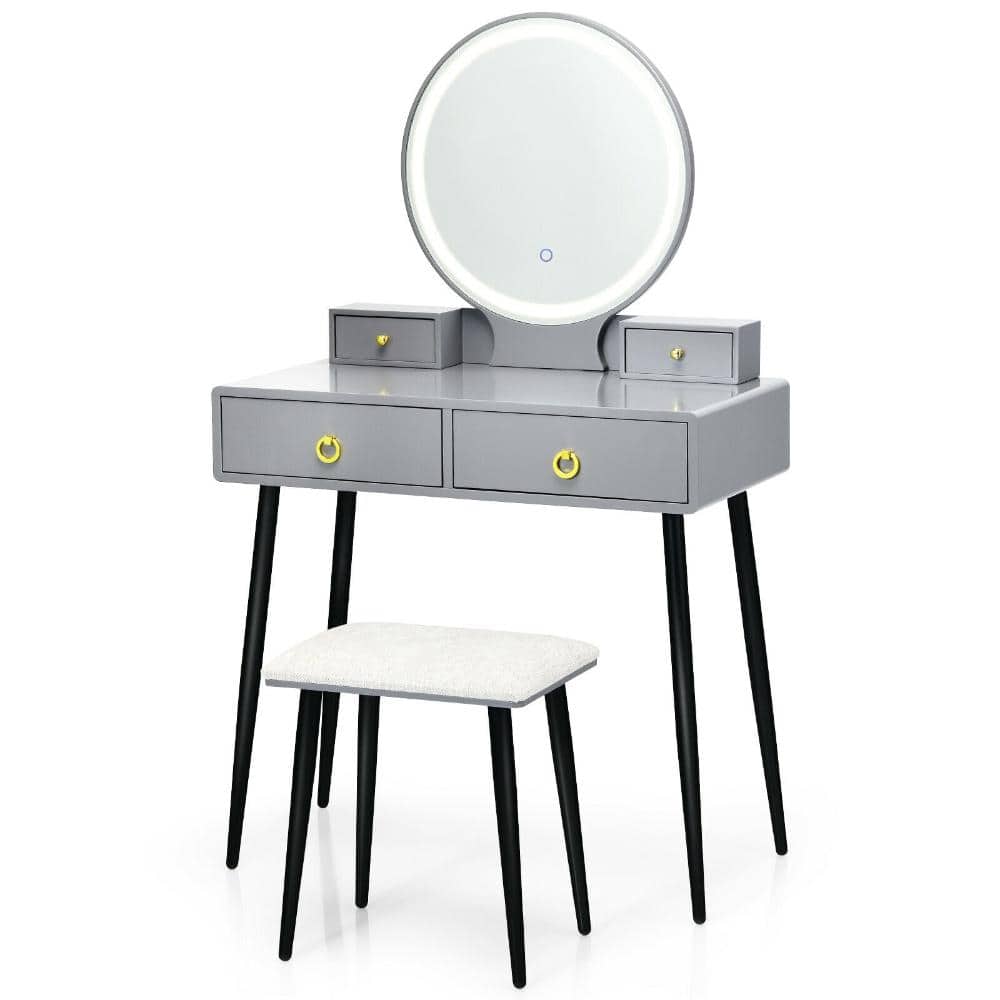 Vanity Table Set with Lighted Mirror 3-Color LED Makeup Vanity Desk with 4 Drawers and Cushioned Stool