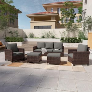 5-Piece Brown Wicker Patio Sofa Set Outdoor Conversation Set with 3-Seat Sofa Ottomans, Gray Cushions