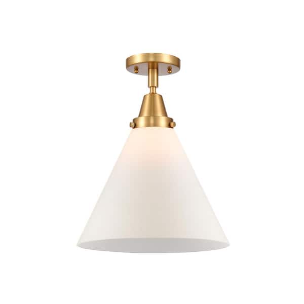 Cone 12 in. 1-Light Satin Gold Industrial Flush Mount with Seeded Glass Shade