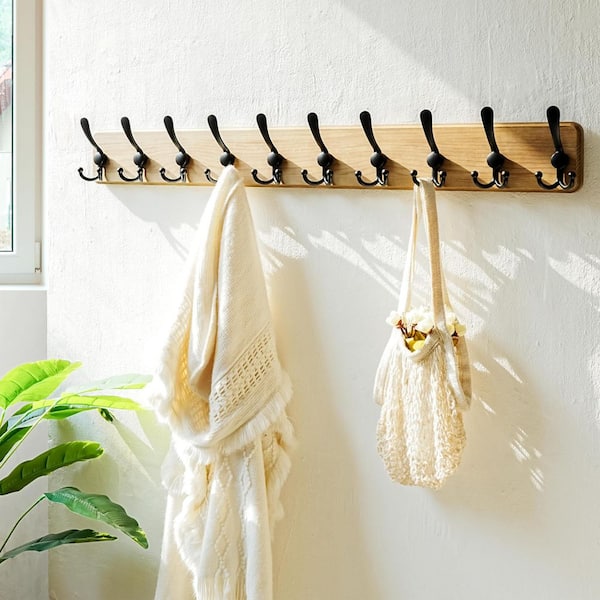 Weathered Weathered Brown Black Farmhouse Solid Wood Wall Mounted Coat Rack with 10 Reinforced Tri-Hooks