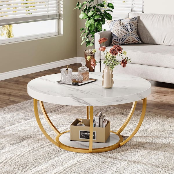 BYBLIGHT Allan 31.7 in. White Faux Marble Round Wood Coffee Table with Storage Shelf, Modern Center Table for Living Room