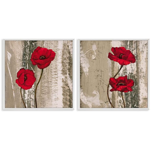 Stupell Industries Bright Red Blooms on Rustic by Brian Foster 2 Pieces White Framed Nature Giclee Art Print 17 in. x 17 in.