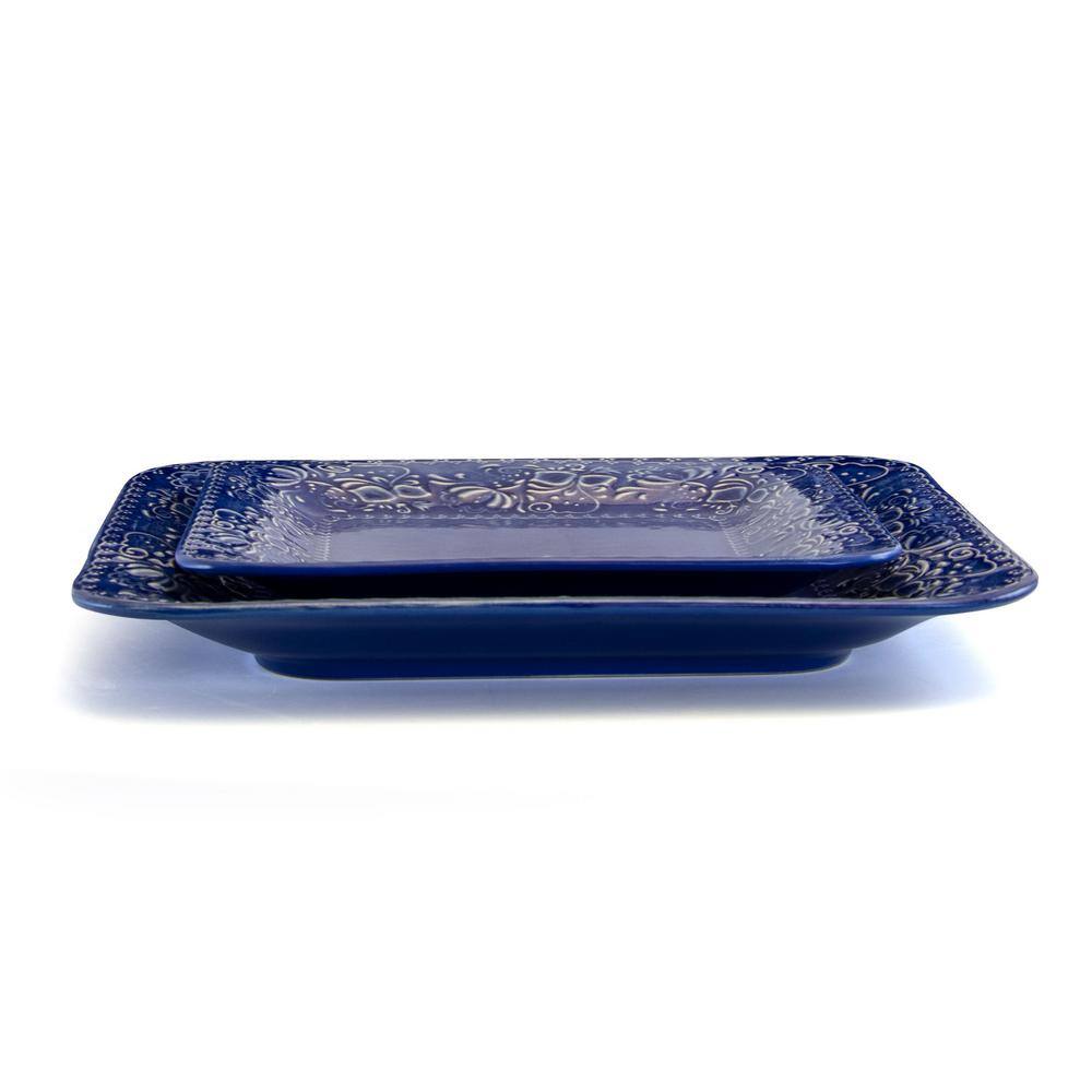 Indigo Lotus Floral Ceramic Square Dinnerware Set, Service for 4