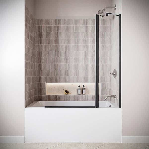 Candigliano 48 in. x 58 in. Semi-Frameless Pivot Bathtub Door w/ CrystalTech Treated 1/4 in. Glass, Matte Black Hardware