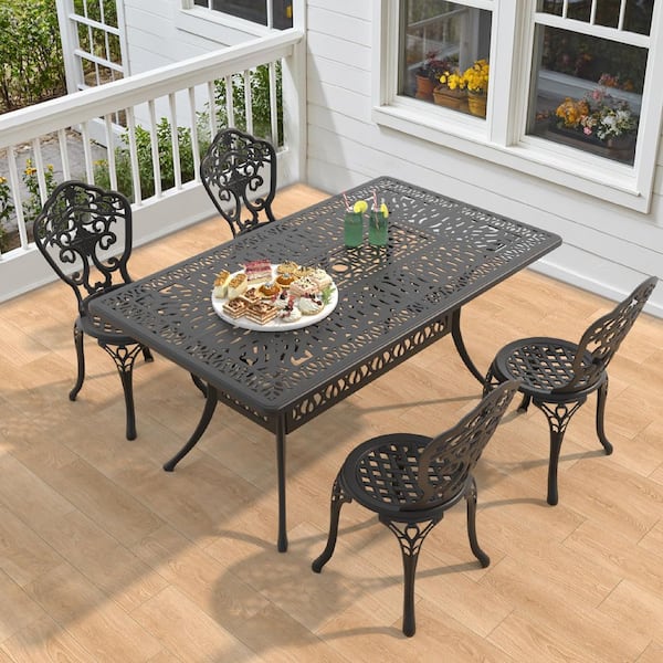 Willit Black 5-Piece of Cast Aluminum Outdoor Patio Dining Set with 58.27 in. x 34.65 in. Rectangular Table and Armless Chairs