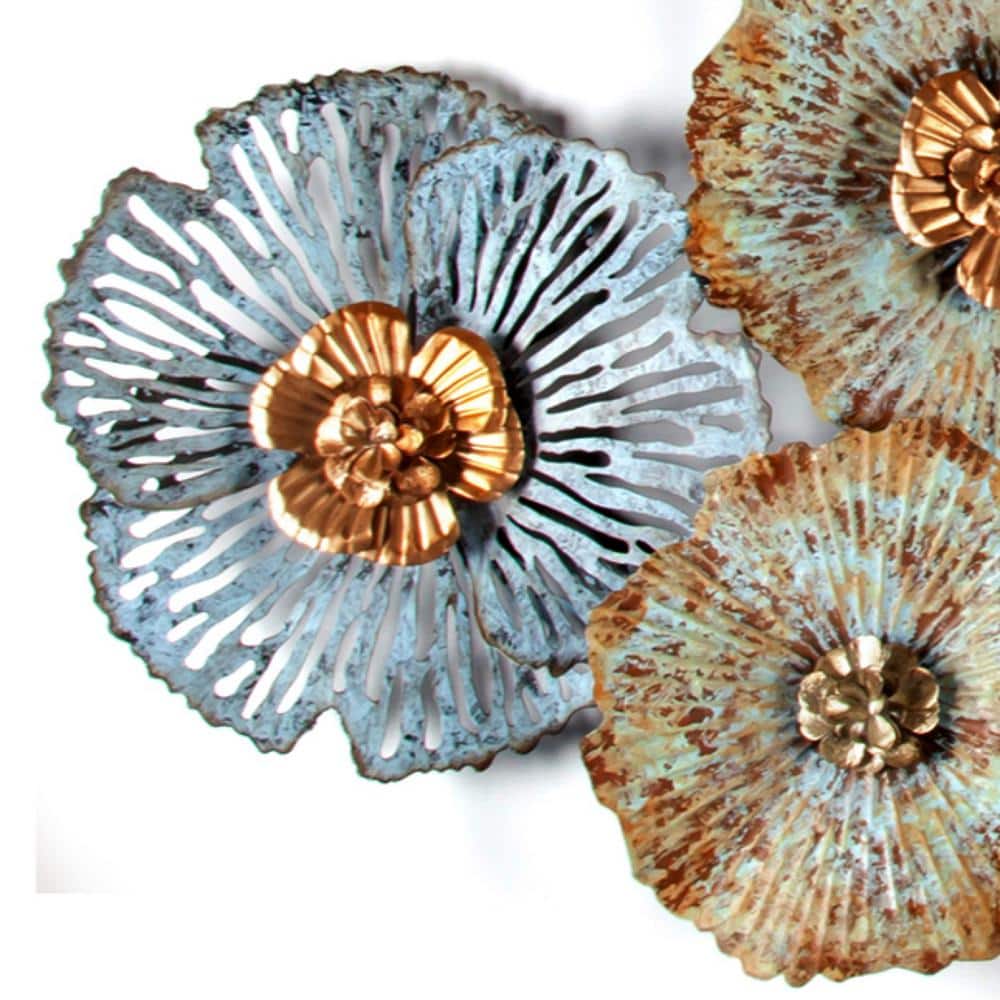 Distressed Blue and Gold Floral Iron Wall Sculpture