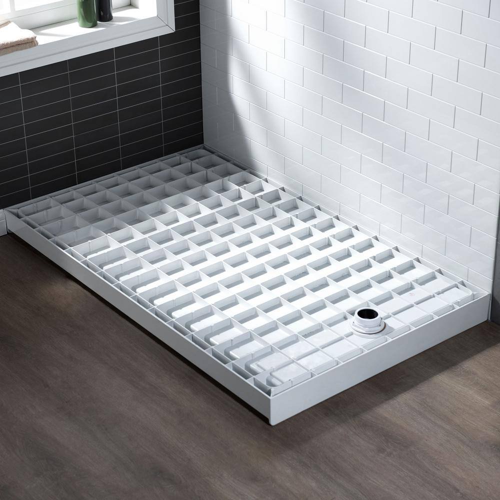 48" White Rectangular Shower Pan with Matte Black Drain Cover