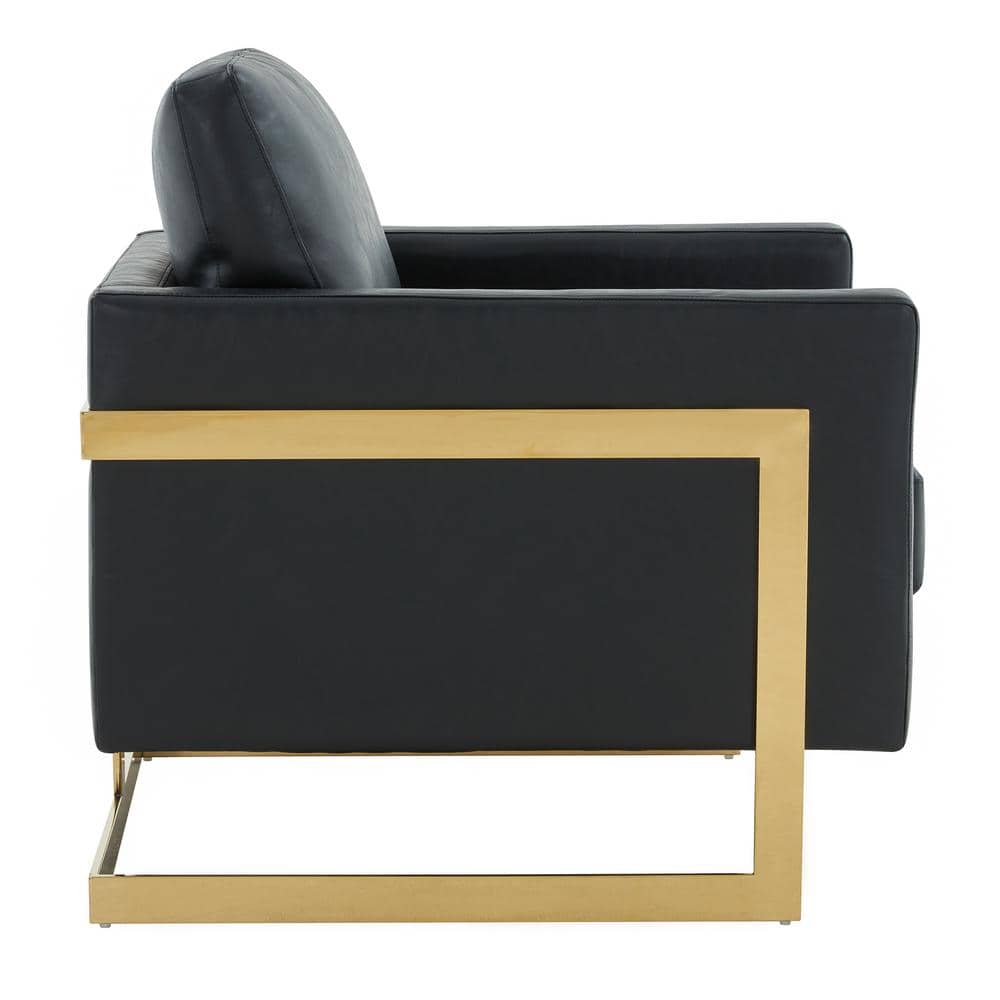 Elegant Lincoln Black Leather & Wood Accent Chair with Gold Accents