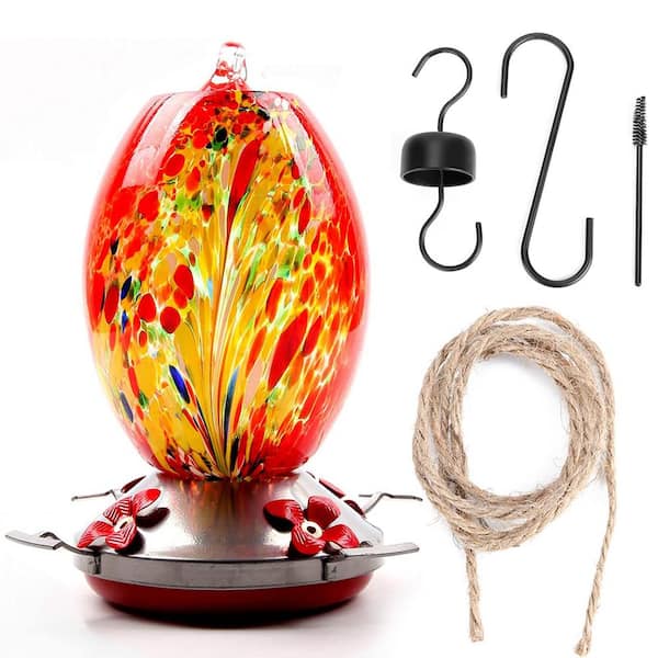 ATENGNES Outdoor Red Hand-Blown Glass Hanging Hummingbird Nectar Water Wild Bird Feeder Include Hook and Hanging Wires