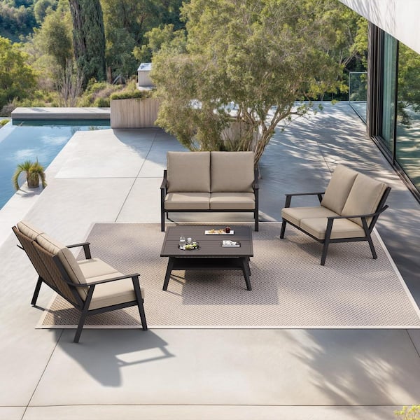 PURPLE LEAF 5 Pcs Patio Furniture Set with Thick Cushion Metal Patio Conversation Sets with 3 Loveseats & 2 Coffee Tables