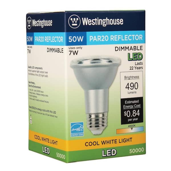 Westinghouse 4301200 50W Equivalent PAR20 Flood Dimmable Cool Bright LED Energy Star Light Bulb with Medium Base