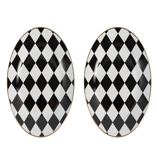 Retro Black and White Checkerboard Ceramic Dinner Plate Set with Gold Edge 2 Pieces