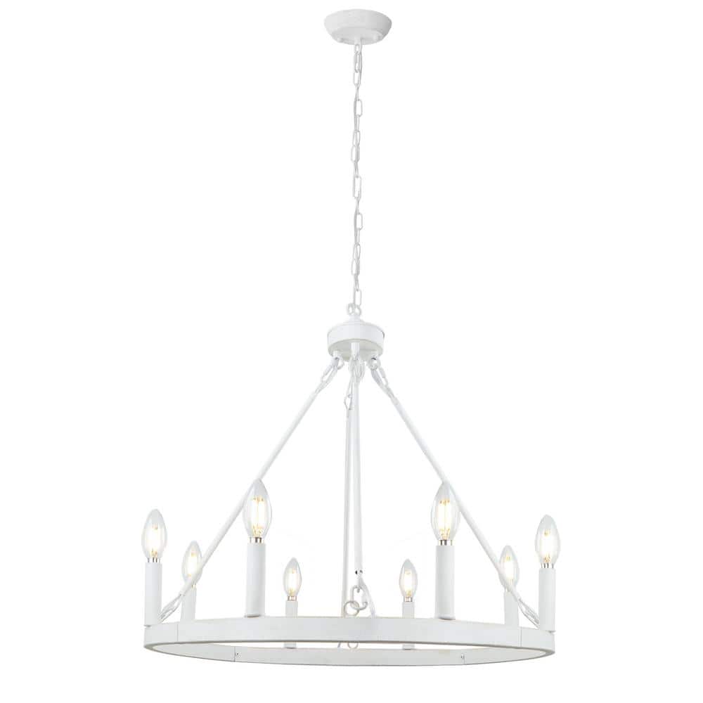 23.6 in. 8-Light White Round Modern Farmhouse Wagon Wheel Chandelier for Di