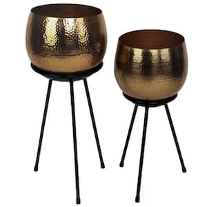 Set of 2 Contemporary Gold Hammered Metal Flower Planter Holder with Black Stand for Entryway, Living Room or Dining