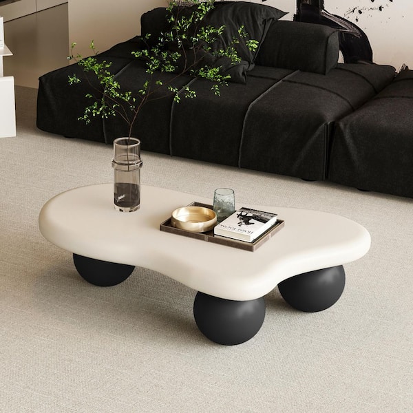 40 in. W White Top Black Legs Cloud Specialty Shaped MDF Coffee Table with 3 Ball Legs for Living Room
