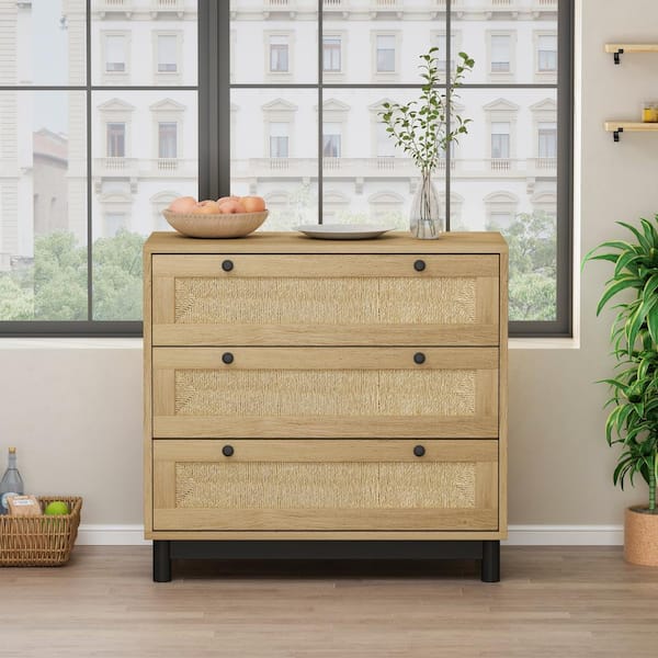 30.31 in. 3-Drawers Storage Cabinet Rope Woven Drawer, for Bedroom, Living Room, Dining Room, Hallways, Oak