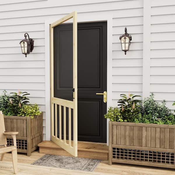 36 in. x 80 in. Universal Unfinished Pine Vertical Slat Screen Door with Lock-Classic 5-Bar Style Gauze Mesh Hinged Door