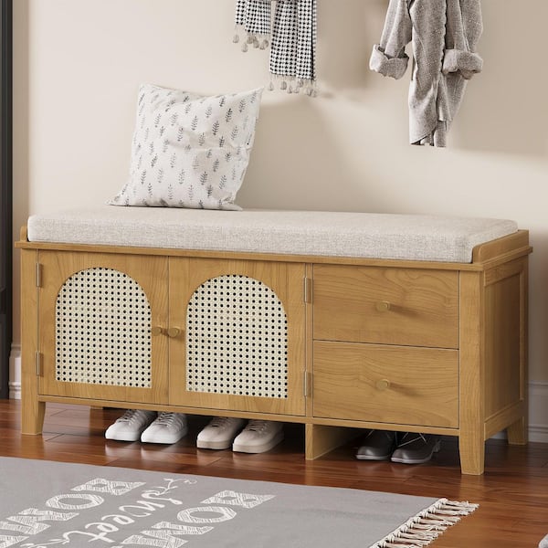 Harper & Bright Designs Natural Storage Bench with Removable Beige Cushion, 2-Drawers, 2-Rattan Door 43.5 in. for Entryway, Bedroom, Living Room
