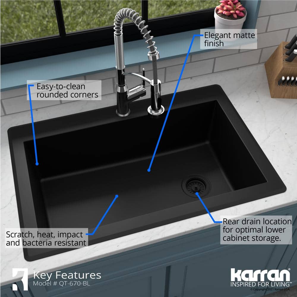 Black Quartz Composite Top Mount Single Bowl Kitchen Sink