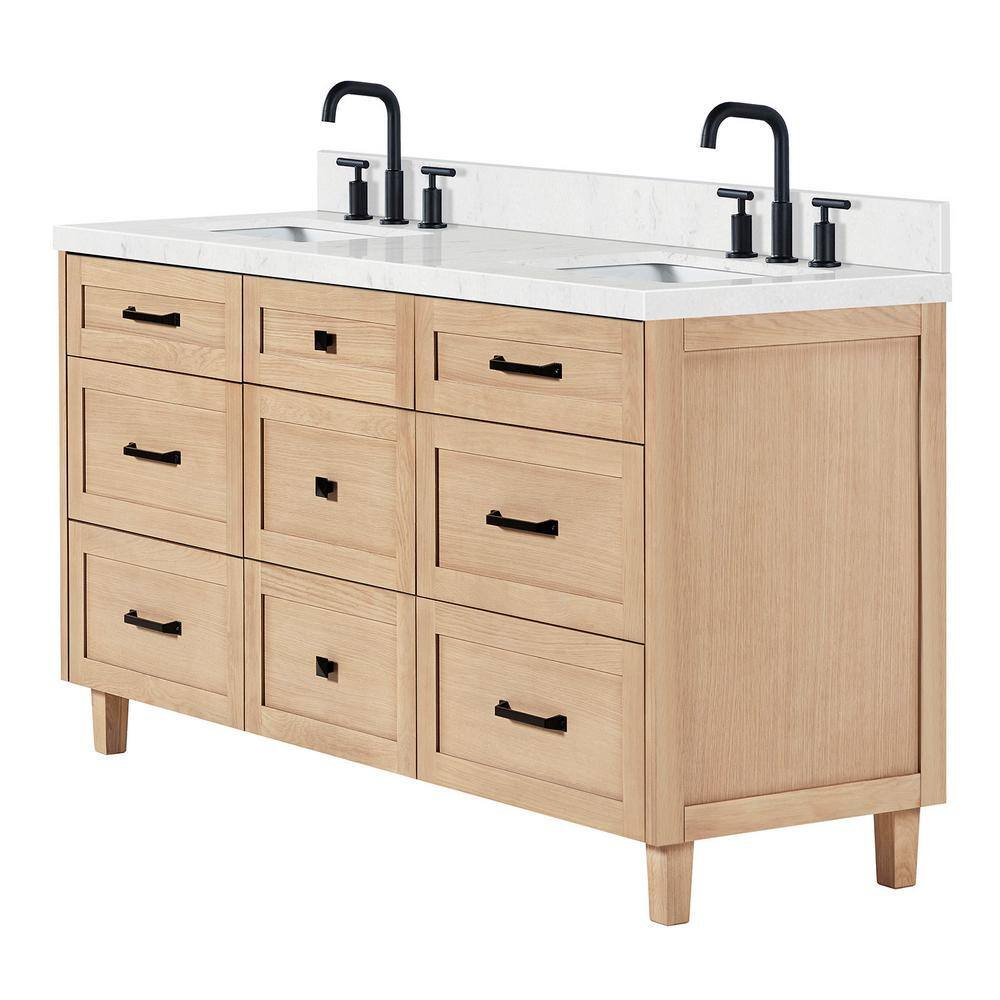 Monroe 66" Light Oak Double Sink Vanity with Carrara Quartz Top