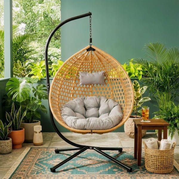 Brown Wicker Foldable Outdoor Rattan Egg Chair Patio Swing Chair