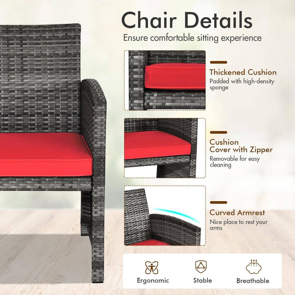Red Cushioned Black Wicker 4-Piece Patio Furniture Set