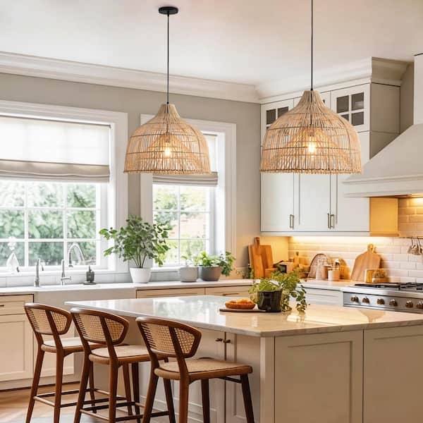 19.7 in. 1-Light Boho Brown Pendant Light Chandelier with Handwoven Rattan Shade for Kitchen Island or Dining Room