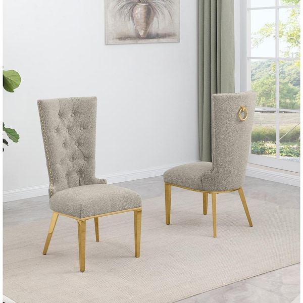 Best Quality Furniture Shirley Grey Boucle Fabric Side Chair Set of 2 with Gold Stainless Steel Legs