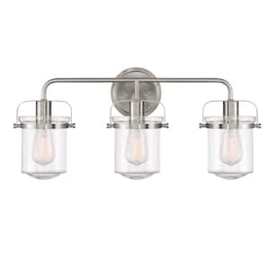 Jaxon 24 in. 3-Light Brushed Nickel Industrial Vanity Light with Clear Seedy Glass Shades