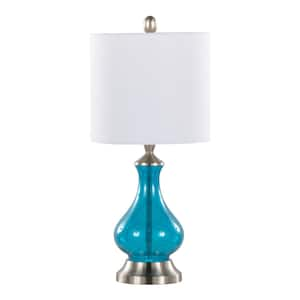 Jasmine 21.5 in. Clear Sapphire Blue Seeded Glass and White Linen Shade with Chrome Accents Table Lamp