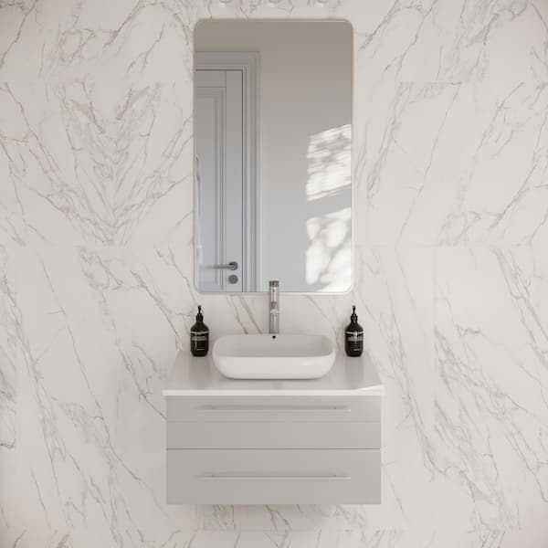 Lucera 30 in. Single Sink Wall Mount Floating Gray Bath Vanity with White Quartz Top and Vessel Ceramic Sink