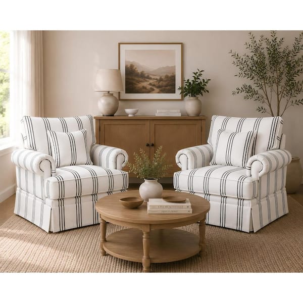 Mercury Navy Blue Stripe Fabric Club Chair (Set of 2) with 360° Swivel Base, Rolled Arms and Lumbar Pillow