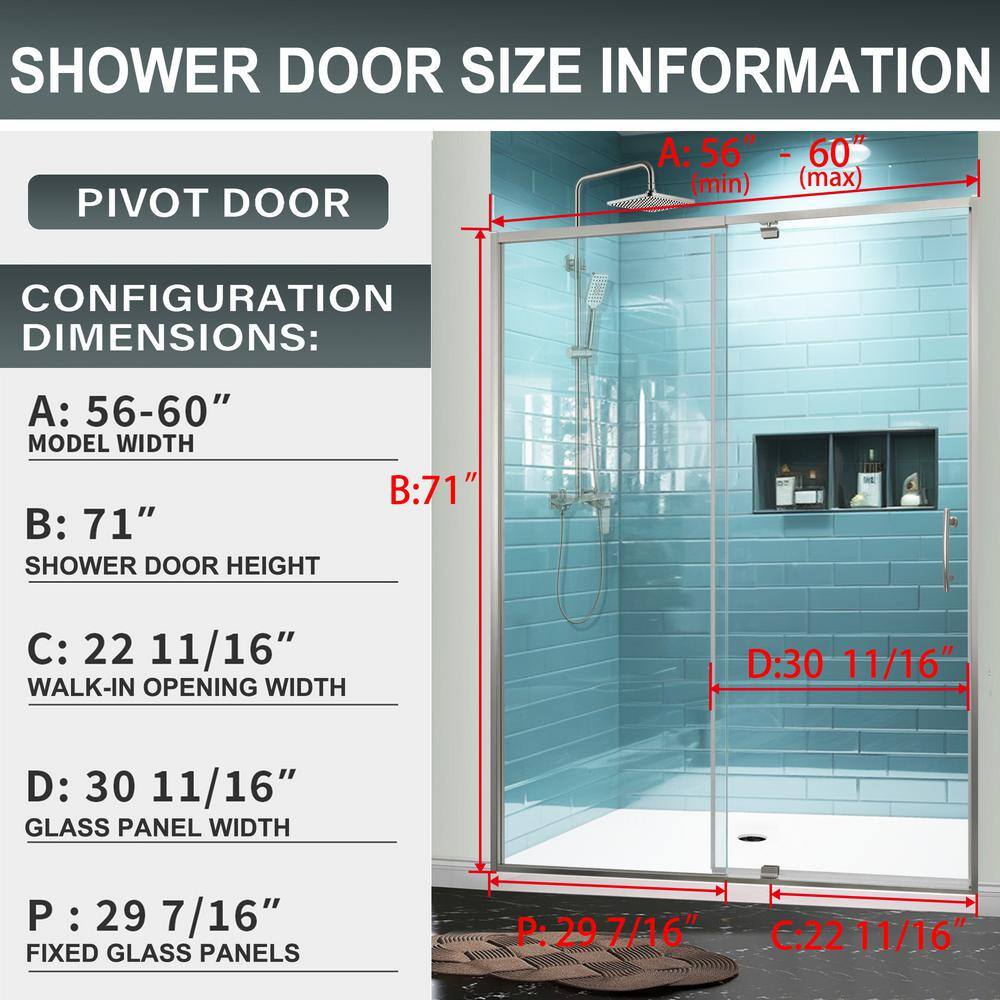 Brushed Nickel Semi-Frameless Pivot Shower Door with Clear Glass