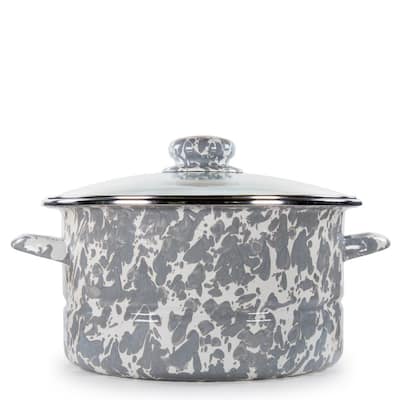 Enamelware 6 qt. Porcelain-Coated Steel Stock Pot in Grey Swirl with Glass Lid