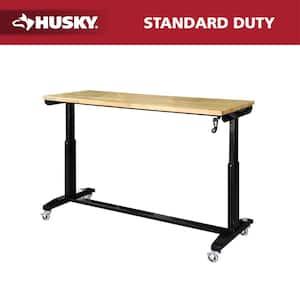 62 in. W x 24 in. D Adjustable Height Black Workbench Table with Solid Wood Top