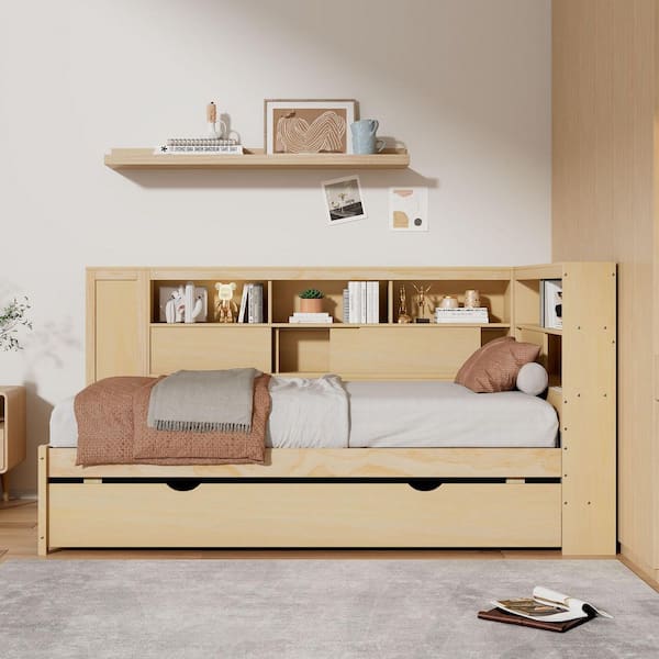 Natural Twin Daybed with Storage Shelves, USB and Trundle
