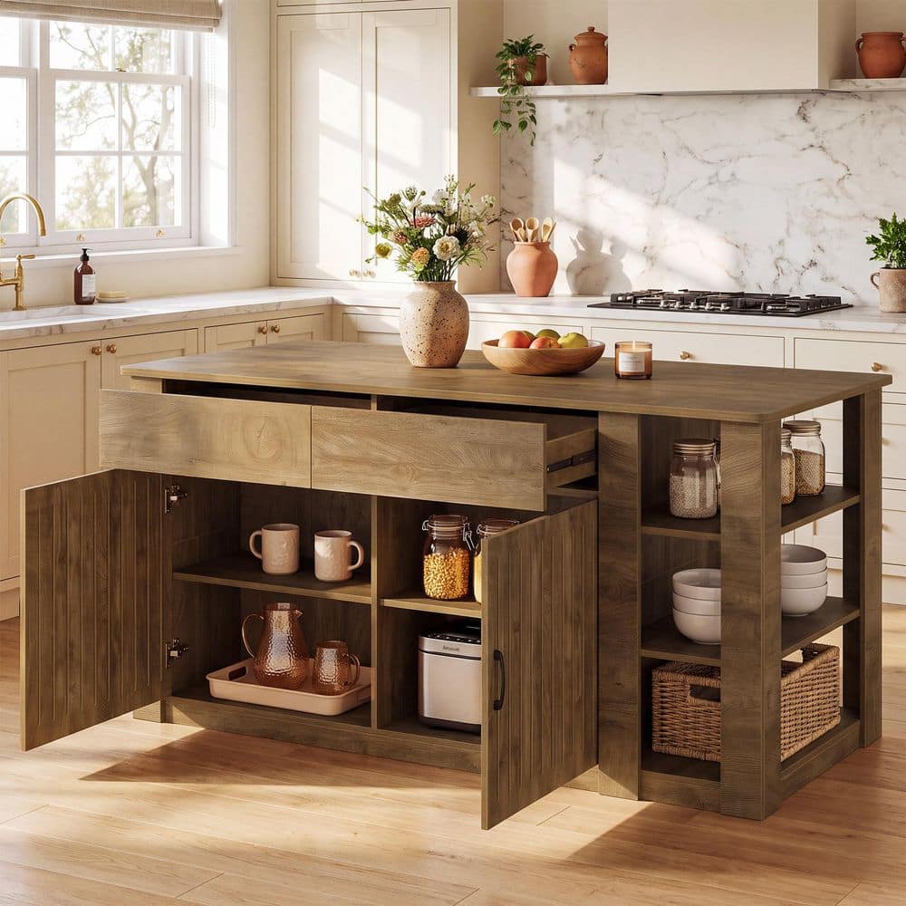 Brown Wood 70.87 in. Oversized Kitchen Island with Storage Shelves, Drawers, Cabinet and Seating Space for Dining Room