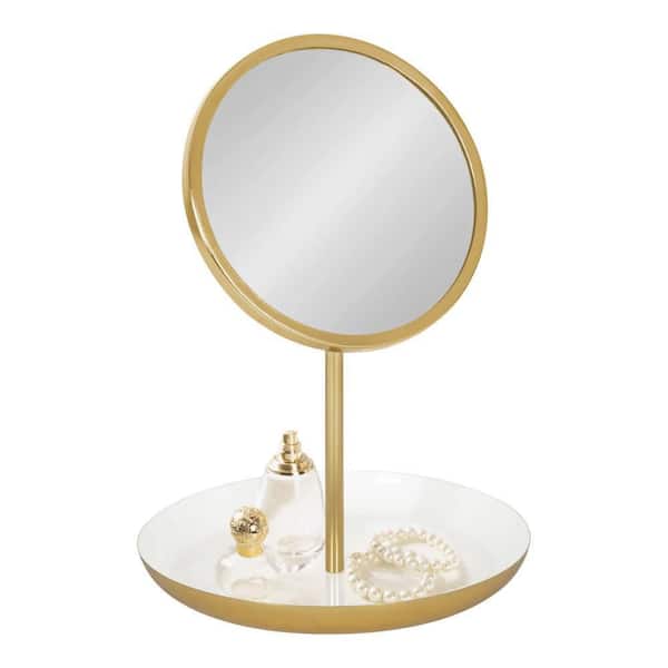Kate and Laurel Laranya 10.50 in. W x 15.00 in. H Round Metal White Gold Framed Modern Tabletop Mirror