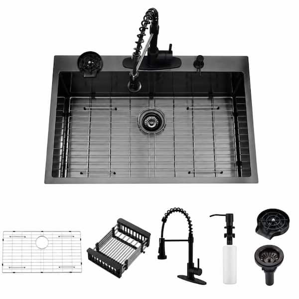 33 in. Drop-In Single Bowl Black Stainless Steel Kitchen Sink with Integrated Cup Washer Station
