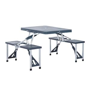 Dark Gray Folding Rectangle Aluminum Picnic Table 53.5 in. Portable Outdoor Camping Table with Seat and Umbrella Hole