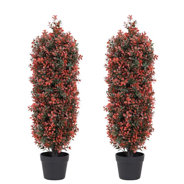 Zeus & Ruta 2 Pieces 3 ft. Artificial Topiary Cedar Tree, Fake Plants UV Resistant Faux Red Bushes and Shrubs for Front Porch