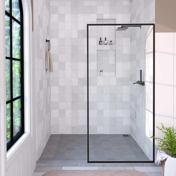Hermitage Bath Hilma 34 in. W x 72 in. H Fixed Framed Shower Door in Matte Black Finish with Clear Glass