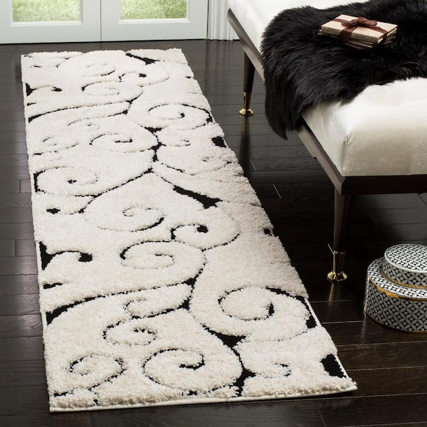 Florida Shag Ivory/Black 2 ft. x 19 ft. Floral Runner Rug