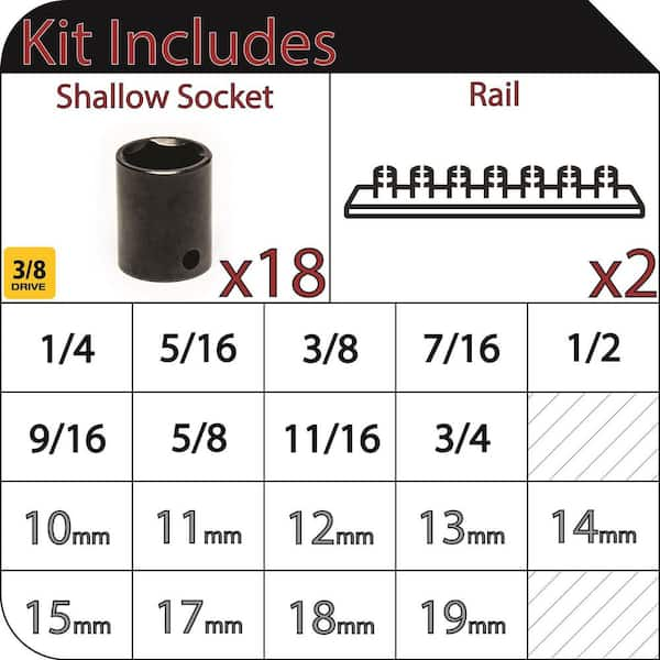 3/8 in. Drive Standard SAE/MM 6-Point Impact Socket Set (18-Piece)