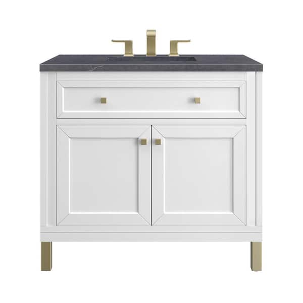 James Martin Vanities Chicago 36.0 in. W x 23.5 in. D x 34 in. H Bathroom Vanity in Glossy White with Charcoal Soapstone Quartz Top