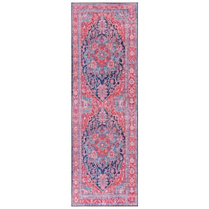 Tuscon Navy/Red 3 ft. x 8 ft. Machine Washable Border Floral Runner Rug